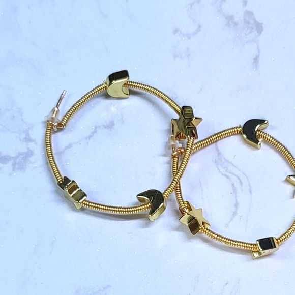 Handmade gold color hoops moon star medium size new - Picture 3 of 4